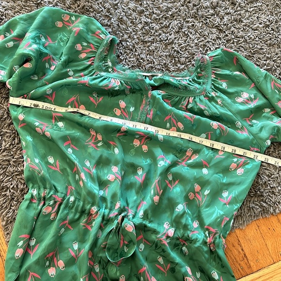 Rebecca Taylor Size 6 Green Floral 100% Silk Long Sleeve Tie Waist Blouse - Picture 7 of 11